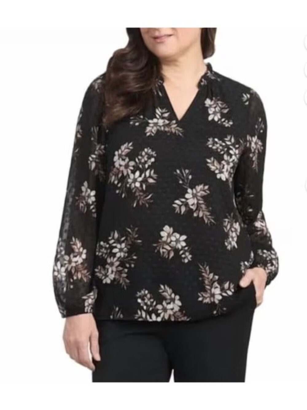 Hilary Radley Black /Multicolor Floral Long Sleeve Textured Blouse-Small-NWT